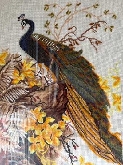 This is a detailed cross-stitch embroidery of a peacock perched on a branch, surrounded by autumn leaves and branches. The peacock is depicted in profile, with its head turned to the left, showcasing its dark blue body and iridescent green and gold tail feathers. The plumage is rendered with a rich variety of colors, including deep blues, greens, browns, and oranges, with delicate white accents on the wings. The surrounding foliage consists of autumnal leaves in shades of yellow, orange, and brown, along with bare branches. The embroidery is on a white canvas, and the stitches are clearly visible, indicating a handmade piece. There is no information available about this embroidery's location in the city of Kurgan, Russia.