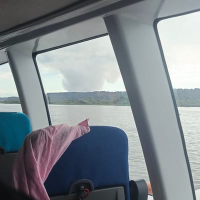 The image shows a view from inside a vehicle, likely a boat or ferry, looking out a window. In the foreground, there are two seats visible, one bright blue and the other a dark blue. A pink cloth is draped over the dark blue seat. The window frames are white and gray. Outside the window, a body of water, possibly a river, is visible, with a tree-lined landscape in the distance under a cloudy sky. The location is stated to be in the city of Dulesovo, Russia.