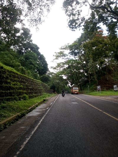 The image depicts a wet asphalt road traversing a verdant, hilly landscape in Domphoog_Dungkarchhoeling, Bhutan, under a bright, overcast sky.
The road features two lanes, dark in color due to wetness, with a solid white line marking the left edge and double solid yellow lines indicating the center. Patches of lighter asphalt are visible on the road surface.
To the left of the road, a steep, densely vegetated embankment rises, supported by a multi-tiered retaining wall constructed from dark, rough-hewn stones. This wall is partially covered with moss and small green plants. Above the wall, a dense forest of tall, green trees obscures the background. A narrow concrete drainage ditch runs between the road's edge and the retaining wall.
To the right of the road, a vegetated slope is visible, featuring numerous tall trees with dense green foliage, some exhibiting reddish leaves, forming a canopy overhead. A white rectangular sign, mounted on a pole, is partially visible on the right shoulder.
A dark-colored motorcycle, operated by an individual wearing a dark helmet and jacket, is traveling away from the viewer in the left lane. Further ahead in the right lane, an orange-red truck with a light-colored box cargo bed is also moving away. Behind the truck, a dark-colored sedan or small car is partially visible, following in the same direction.