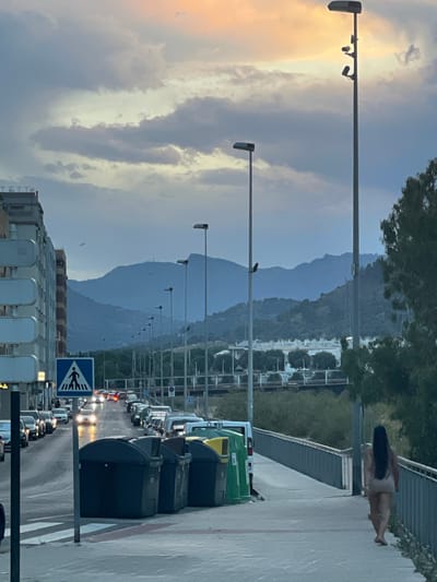 The image depicts a street scene in Sagunto, Spain, with a woman walking away from the camera on a sidewalk. She has long dark hair and is wearing a light-colored dress or skirt. To her left, a row of large trash receptacles is visible, with one being green, another yellow, and the rest dark gray or black. Beyond the trash bins, a street is lined with cars, some with headlights on, and a pedestrian crossing sign is displayed. In the background, a range of mountains forms the horizon, under a sky filled with soft, cloudy, and orange hues. Several lampposts are also present along the street and sidewalk. The buildings on the left side of the street are modern and multi-story. The overall lighting suggests it is dusk or early evening.