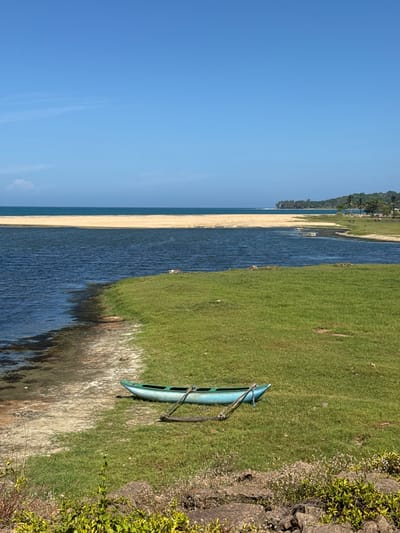 The image depicts a scenic coastal landscape in Arugam Bay, Sri Lanka. In the foreground, a small, teal-colored boat rests on lush green grass near the edge of a body of dark blue water. The boat is equipped with two wooden oars. The shoreline transitions from sandy to grassy, with some vegetation and rocks visible. Beyond the water, a wide strip of pale yellow sand stretches across the middle ground, meeting the vast blue expanse of the ocean. In the distance, a tree-lined coast is visible, with hints of buildings and a few scattered individuals on the sand. The sky is a clear, vibrant blue. The overall scene conveys a sense of tranquility and natural beauty.
