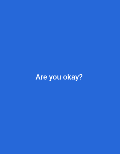 The media file is a static image featuring a plain, solid blue background. In the center of the image, the white text "Are you okay?" is displayed in a clear, sans-serif font. The lighting appears to be even, with no shadows or distinct light sources visible. The setting is abstract, with no discernible objects, people, or environmental details other than the color of the background and the text. There is no indication of a specific time of day, weather conditions, or geographical location beyond the provided context of Homyel, Belarus. The overall emotion conveyed is one of inquiry or concern, due to the direct question posed by the text.