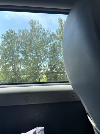 The image is taken from inside a vehicle, looking out a window. In the foreground, on the right side of the image, is the textured, light grey headrest of a vehicle seat. The window shows a bright, sunny day with a clear blue sky and some scattered clouds. Outside the window, there are several tall, leafy green trees, likely in a rural or natural setting. Below the window, within the vehicle, is a dark grey panel with two circular indentations or fixtures visible. At the bottom of the image, a small portion of a folded, light blue fabric item is visible, possibly clothing. The scene appears to be a snapshot of a journey through a green, possibly forested, area. This image does not contain any elements that indicate a specific location in the city of Мастоцкі сельскі Савет, Belarus, or any other specific city.