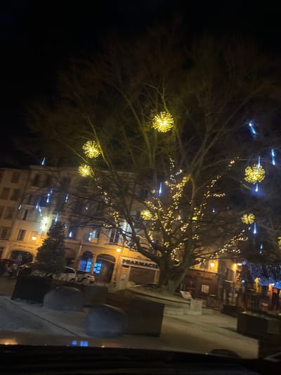 A nighttime urban scene reveals a tree decorated with spherical string lights. In the background, illuminated buildings with arched windows stand adjacent to a building with "PHARMACIE" visible on its facade. Planter boxes line the foreground, partially obscured by a reflective surface at the edge of the frame. The light contrasts with the dark sky and bare tree branches.