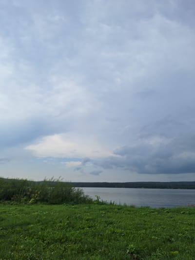 The image depicts a scenic view of a body of water, likely a river or lake, with a dense line of trees and vegetation forming the far bank. The foreground is dominated by a lush, green meadow, indicating a natural, undeveloped area. The sky is overcast with a mix of light and dark clouds, suggesting a diffused light condition. There are no visible people, structures, or human activity in the scene. The overall impression is one of tranquility and natural beauty. Without additional context, it is impossible to definitively place this image within the city of Atamanovka, Russia.