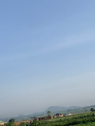 The image shows a wide view of a rural landscape in Nabatum, Nigeria. The sky is a clear, pale blue, with very few clouds visible. In the foreground, there is a lush green field with rows of crops, possibly some type of vegetable or plant. There are also a few buildings visible in the middle ground. One building is a light brown color with a darker brown roof. Another building has a green roof and appears to be a more modern structure. In the far distance, there are rolling hills and mountains, shrouded in a light haze, suggesting a warm, possibly dry climate. There is a single person visible in the middle ground, standing in the field near the buildings, wearing a blue shirt and dark pants. The overall impression is one of agricultural land and rural settlement.