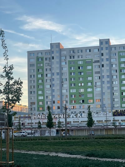 This vertical, medium-shot photograph captures an urban scene in Bratislava, Slovakia, likely during late afternoon or early evening, given the warm, diffused lighting. The primary subject is a multi-story apartment building, characterized by its grey and green facade punctuated by numerous windows. The building exhibits signs of urban wear and tear, with graffiti adorning the lower sections and some of the balconies. Several trees, some bare and others with foliage, are interspersed along the building's base and in front of a grassy area.

The building's windows are a mix of open and closed, with some interiors dimly lit, suggesting residents are home. The facade is marked by vertical elements, likely balconies or architectural divisions. A white van with graffiti on its side is parked near the building's entrance. Beyond the apartment building, another structure with a light brown facade is visible, also featuring multiple windows.

The foreground is dominated by a well-maintained grassy area, suggesting a park or public space. A wooden fence-like structure, possibly part of a playground or garden boundary, is visible in the lower right corner. The sky above is a clear blue with wispy white clouds, indicating fair weather.

Visible text includes graffiti tags on the building's facade, some in stylized fonts and colors, and a sign with Cyrillic text above a doorway. The overall impression is one of a lived-in, urban environment where nature and graffiti coexist with residential life.