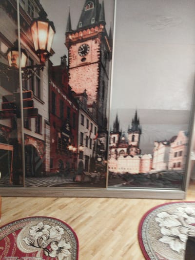 The image shows a large mural depicting a European city street scene, possibly Prague, with buildings and a clock tower. The mural is on sliding doors, which are open. In front of the doors is a wooden floor with two round rugs, each with a floral pattern. The rugs are red, white, and grey. The lighting is dim. The image is blurry, suggesting it was taken with a low-quality camera or in poor lighting conditions. There is no visible indication of the city of Dolyna, Ukraine.
