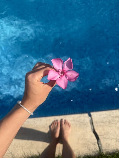 An overhead shot captures a person's left hand holding a pink oleander flower over a bright blue swimming pool. The hand is adorned with a white beaded bracelet. Below the hand and flower, bare feet are visible on the edge of the pool, casting a shadow. The scene appears to be outdoors on a sunny day. The location is not specified within the image.