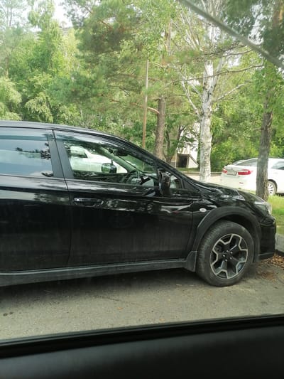 The image shows a black Subaru crossover parked on a paved surface near trees and foliage. A white sedan is visible in the background. The scene appears to be in a residential area, possibly with buildings visible through the trees. The black car is the primary focus, viewed from its side. The environment is natural with an urban element, consistent with a street or parking lot in Lesozavodsk, Russia.