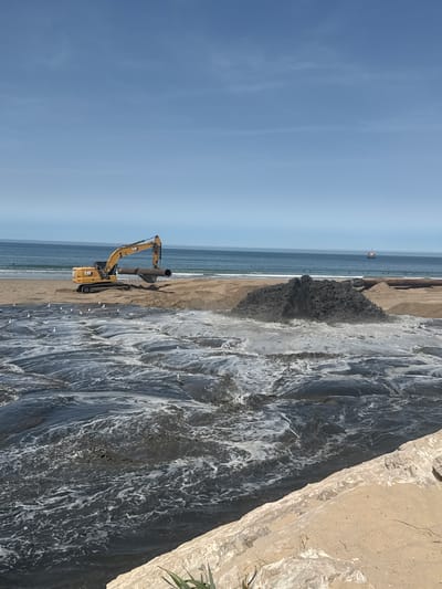 This image depicts a beach in Costa da Caparica, Portugal, where construction work is underway. A yellow excavator, identified by the "CAT" logo, is positioned on the sandy beach, lifting a large metal pipe. The excavator is actively discharging dark, wet sand and sediment into the ocean, creating a plume of murky water that spreads across the surface. The water in the foreground is choppy and dark, with white foam swirling on top, indicating the disturbed sediment. Scattered on the beach and in the shallow water are numerous white seagulls. In the background, the ocean stretches out under a clear blue sky, with a distant boat visible on the horizon. Several people can be seen in the water near the shore, some appearing to be surfers. The overall scene captures an industrial activity taking place within a natural coastal environment.