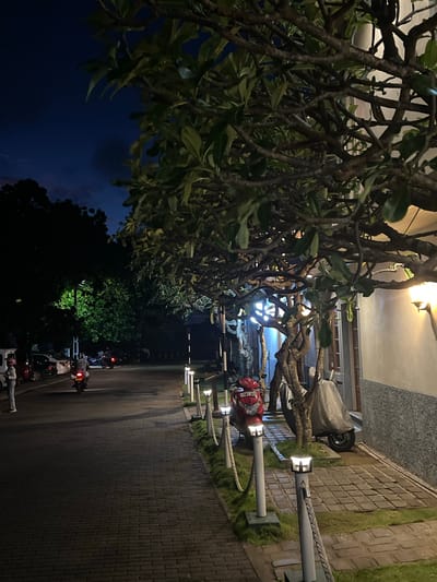 The image depicts a street scene at night in Galle, Sri Lanka. The foreground is dominated by the dense, dark branches and green leaves of a tree, obscuring much of the view. Beyond the tree, a paved walkway lined with grass and bollard lights stretches into the distance. Several motorcycles and a few cars are parked along the side of the walkway. Some people are visible on motorcycles, suggesting ongoing activity. One motorcycle is red, and another is partially covered by a gray tarp. The lighting suggests it is nighttime, possibly early evening or late night, with artificial lights illuminating the area. The overall atmosphere appears to be that of a busy street or marketplace, common in urban Sri Lankan settings. There is no visible text in the image.