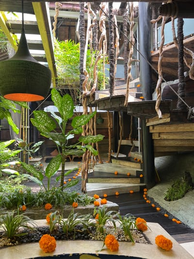 The image captures a downward-angled view of a space in Ubud, Indonesia. Ornate decorative elements are prominent, including thick ropes wrapped around wooden beams and structures overhead. Orange marigolds are placed along the edges of walls and steps, suggesting a ceremonial or decorative purpose. The setting includes a variety of plants, both potted and in natural growth, creating a lush, green environment. A dark, woven lampshade with an orange interior is visible, adding to the ambiance of the space. The architecture blends natural materials with modern design, which is typical of Ubud's aesthetic.