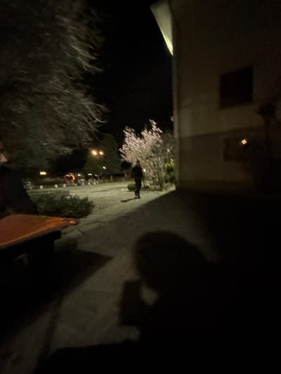 The image shows a nighttime scene, seemingly taken from an elevated position, perhaps a balcony. A building exterior is visible in the top and right portions of the frame. The lower portion shows trees, some with blossoming flowers illuminated by streetlights in the background. The photograph doesn't reveal enough detail to determine the precise location within Kliment, Bulgaria. There are no visible people or actions taking place in the image.