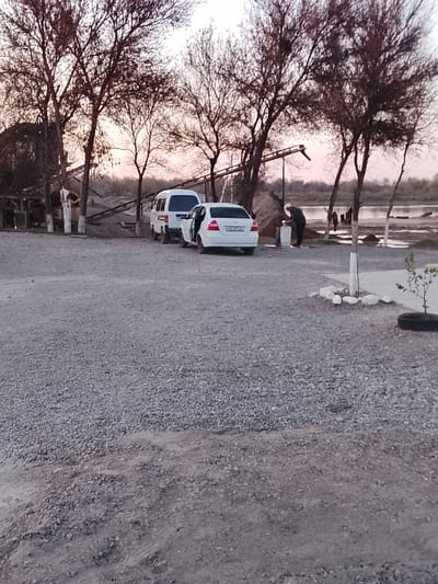 The image portrays an outdoor industrial or commercial location in Yangi Chinoz, Uzbekistan, captured during either dawn or dusk. The foreground is dominated by a grey gravel surface. In the midground, two vehicles are parked parallel: a white commercial van, oriented away from the viewer, and a white Chevrolet Cobalt sedan (license plate '01 Z 777 LA') positioned directly behind the van, angled slightly right, with its front passenger door open. To the right of the sedan, a male figure in dark clothing and a light-colored skullcap is bent over a light-colored stand-alone structure, engaged in a washing action. Behind the vehicles and the man, large piles of aggregate material and a system of industrial conveyor belts are visible, indicating a material processing operation. Numerous leafless deciduous trees are distributed across the scene, silhouetted against the pastel sky. On the far right, a body of water with muddy banks is present, where several indistinct dark figures can be seen near the waterline. The sky exhibits a gradient of light pink, orange, and pale blue. In the bottom right corner, a small sapling is planted within a black tire, surrounded by white-painted rocks and a white-painted post.