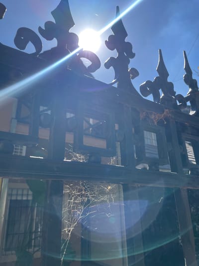 The image is a low-angle shot of an ornate, black wrought-iron gate in Vicente López, Argentina. The gate is partly silhouetted against a bright, clear blue sky and the sun, which causes a strong lens flare. The gate's design features decorative, scroll-like flourishes along the top. Cobwebs are visible within the gate's structure. Behind the gate, out of focus, are building windows and a glimpse of greenery.