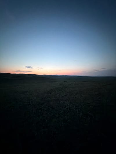 An outdoor, wide shot captures a dark, open field at dusk. The sky transitions from a deep blue at the top to lighter shades of blue and pink near the horizon, with a few scattered clouds. A dark, undulating treeline forms the distant boundary of the field, with the foreground obscured by shadows. The scene is set in Kuseevo, Russia.