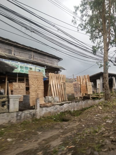 An outdoor lumberyard with wood stacked and displayed. A building with a tin roof and signage stands behind the lumber. A tree is on the right, its trunk near a concrete wall separating the lumber from a dirt road. Overhead are many power lines. The sky is overcast.