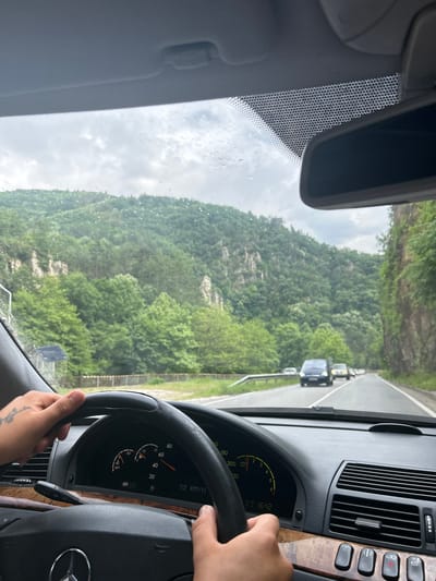 The image depicts a first-person perspective from within a Mercedes-Benz vehicle traveling through a mountainous, forested region identified as Bachkovo, Bulgaria. The vehicle's speedometer indicates a speed of 52 KM/H, with an outside temperature of 5°C and a dashboard clock displaying 16:42. The driver's hands are on the black leather steering wheel, with a tattoo visible on the left forearm. The car's interior includes wooden trim on the dashboard, air vents, and control buttons such as ESP. The windshield is spattered with water droplets, suggesting recent rain, and features a visible dot-matrix pattern around the rearview mirror.

Outside the vehicle, a two-lane asphalt road extends forward, bordered by a metal guardrail on the left. Several vehicles, including a dark blue van and multiple yellow cars, are approaching in the opposing lane. The landscape is dominated by dense green forests covering steep hills and prominent rocky cliffs on both sides of the road. The sky above is overcast with grey clouds.