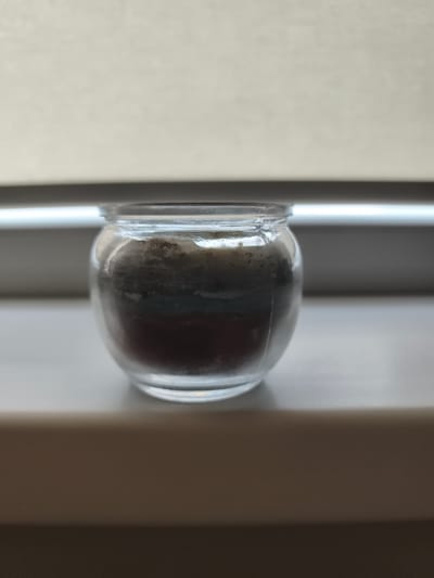 A small, clear glass jar sits on a white surface. The jar contains layered substances, appearing as dark brown at the bottom, followed by a thin blue layer, and then a dark, earthy material at the top. The jar is partially lit from above, creating a shadow on the surface it rests on. The background is out of focus, with a light-colored horizontal line suggesting a window blind or frame. There are no people or animals present. The scene appears to be indoors, likely on a windowsill or shelf. This image has no discernible connection to the city of Dobele, Latvia.