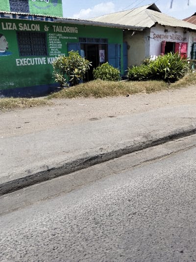 The scene depicts a street in Mkomani ward, Kenya, under a bright, sunny sky. The foreground features an asphalt road, textured and worn, with a distinct raised curb line separating it from an unpaved shoulder of dry, sparse grass and weeds.
Beyond the shoulder are two adjacent single-story commercial buildings. The building on the left is painted vibrant green and bears the sign "LIZA SALON & TAILORING." Services such as "KNOT LESS," "ABUJA," "EYEBROW SHAVING," "BRAIDS," "WEAVING," "PEDICURE," "MANICURE," "FACIAL," "GEL POLISH," and "DREADLOCKS" are listed vertically on the wall, beneath which reads "EXECUTIVE KIDS." A painted profile of a dark-skinned head is visible on the far left. The building has a barred window and an open double-leaf door with blue frames. Several green bushes grow directly in front of this building.
To the right, an adjoining building is painted a light beige or off-white color and features a red sign that reads "SHINE SHINE TAILORING SHOP." It has a partially open doorway with red framing. Both buildings are topped with corrugated metal roofs. No individuals or dynamic actions are visible in the image.