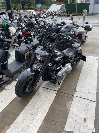 In Panyu District, China, a black Harley-Davidson motorcycle is parked on a wet street, with white stripes painted on the ground, indicating a pedestrian crossing. The motorcycle, the primary subject, is a cruiser-style bike with a large chrome engine, a black leather seat, and ape hanger handlebars. Water droplets are visible on its black bodywork, suggesting recent rain. Behind it, a row of other parked motorcycles and scooters, mostly black and white, fills the scene. In the background, people are seen walking and riding scooters on a busy street, with buildings and trees lining the environment. A man in a grey t-shirt and jeans walks away from the camera, while another individual is partially visible to his right. The overall atmosphere is that of an urban parking area, likely a designated spot for two-wheeled vehicles.