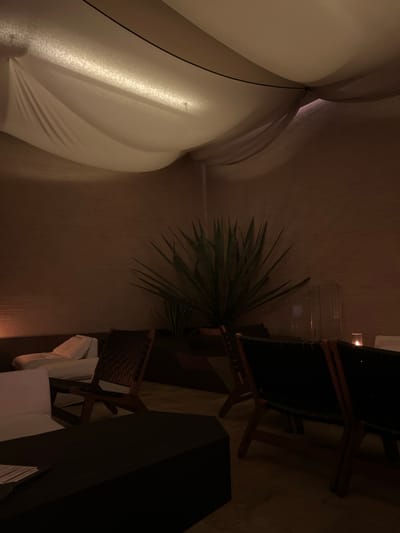 The image depicts a dimly lit, indoor seating area. The ceiling is covered with draped white fabric, creating a soft, diffused light source. The walls have a textured, horizontal pattern. In the foreground, a dark rectangular table is visible, with a menu or document placed on its surface. Behind the table, two chairs with dark upholstery and wooden frames are positioned. Further back, another chair with a woven seat and back, and a wooden frame, is visible. To the left, a white sofa with pillows is partially obscured. A large potted plant with spiky leaves is situated in the middle ground, to the right of the sofa. A clear glass structure, possibly a decorative vase or display case, stands behind the plant. A small lit candle is visible on a surface to the far right. The overall ambiance suggests a lounge or relaxation space. The location is identified as Pudong, China. There are no people present in the image.