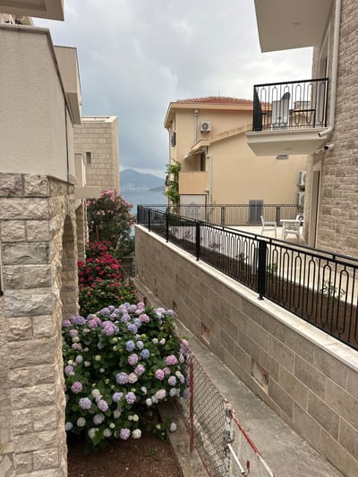 The image captures a picturesque outdoor pathway or alleyway winding between stone and stucco buildings, indicative of a Mediterranean or European setting like Pržno, Montenegro. The perspective looks along the path, with buildings framing both sides and a distant mountainous landscape visible in the background under an overcast sky.
On the right side, a vibrant display of flowering shrubs, primarily hydrangeas, lines an elevated section. The hydrangeas showcase a beautiful mix of purple, pink, and white blooms. This section is bordered by a robust stone wall made of roughly cut blocks and topped with black wrought-iron railings. Beyond this, an older, worn chain-link fence is visible on the lower ground, adjacent to a concrete surface.
On the left, a light-colored stucco building features balconies with black wrought-iron railings and an external air conditioning unit. Across the path, the building on the right also has balconies, one of which displays white outdoor furniture (a table and chairs) and another air conditioning unit. The walls of some buildings feature light-toned stone cladding, complementing the stucco.
The ground is paved with rectangular stone tiles on the elevated sections and a rougher, darker surface on the lower path. The soft, diffused light suggests a daytime scene, possibly late morning or afternoon, with no harsh shadows due to the cloudy conditions. No people are visible, contributing to a serene and tranquil atmosphere. No discernible text is present in the image.