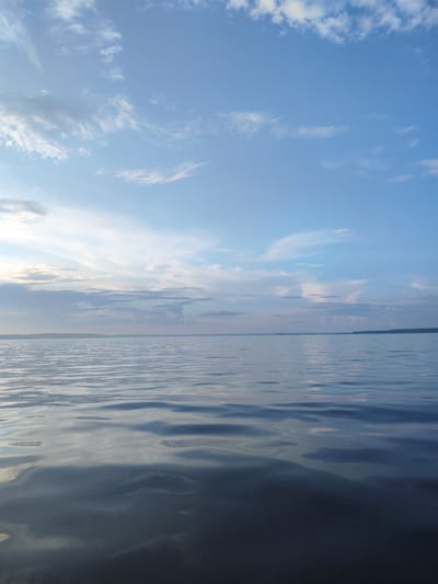 A vertical shot captures a serene body of water and a cloudy sky. The water, in the foreground, exhibits gentle ripples, reflecting the pale hues of the sky. The horizon line, a thin strip of land, separates the water from the sky. The sky above is a soft blue, adorned with scattered wispy clouds, some tinged with pink and orange, suggesting either sunrise or sunset. The overall scene evokes a sense of tranquility and natural beauty.

While the image depicts a body of water and sky, it does not contain any elements that would allow for a specific identification of its location within the city of Niva, Russia, or any other identifiable landmarks. There are no people, structures, or specific geographical features to pinpoint a precise location.