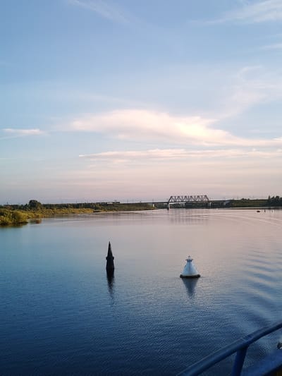 A wide, still river dominates the foreground of this landscape image. Two buoys mark the waterway: a dark, cone-shaped buoy stands on the left, while a white, conical buoy with a light at its apex is positioned to the right. The water is a deep blue, reflecting the sky and creating gentle ripples.
In the middle ground, the riverbanks are lined with lush green trees and vegetation. Beyond the trees, a long, railway bridge spans the river, its metallic structure silhouetted against the horizon. The bridge appears to be carrying a train.
The background features a serene sky with soft, wispy clouds, tinged with pastel colors of pink and yellow, suggesting either sunrise or sunset. The overall atmosphere is peaceful and tranquil. The location is identified as Nifantovo, Russia. There is no visible text in the image.