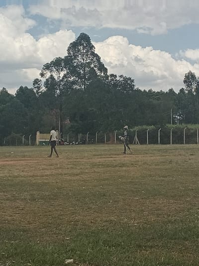 A green field stretches out, dotted with sparse grass and two figures in motion. A backdrop of dense trees rises, meeting a sky filled with billowing white clouds. A gray fence stands at the field's edge, partially obscuring the trees. The scene is bathed in daylight, suggesting an outdoor sports activity is underway.