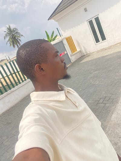 The image displays an adult male, observed in profile facing right, positioned outdoors in Langbasa, Nigeria. The individual has short dark hair and a trimmed beard, and is wearing a light beige short-sleeved polo shirt with a collar and a two-button placket. He is looking slightly upward towards the right. The background features a paved ground surface made of grey interlocking concrete pavers. To the left, a tall palm tree rises behind a green and white fence. To the right, a modern white building with a dark grey sloped roof is visible, featuring a white-framed window with two vertical panes and a section of wall adorned with vertical yellow decorative elements. A grey gate is partially seen behind a white perimeter wall. The scene is illuminated by bright daylight under a partially cloudy sky.
