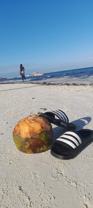 A vertical image depicts a beach scene at Ziwa La Ng'ombe ward, Kenya, under a clear blue sky. In the foreground, on pale sand, rests a single coconut, partially husked with a brown, fibrous top and a green-brown base. To its right, a pair of black Adidas slide sandals with three white stripes on each strap are positioned, the left sandal slightly behind and angled towards the coconut, and the right sandal parallel. Further back, near the waterline, a solitary individual is seen from behind, walking towards the left of the frame along the sandy shore. They wear dark clothing. The ocean, with visible waves and a blue hue, extends across the mid-ground, with several small boats or watercraft anchored further out on the horizon. Dark patches of seaweed or debris are visible along the tideline where the sand meets the water.
