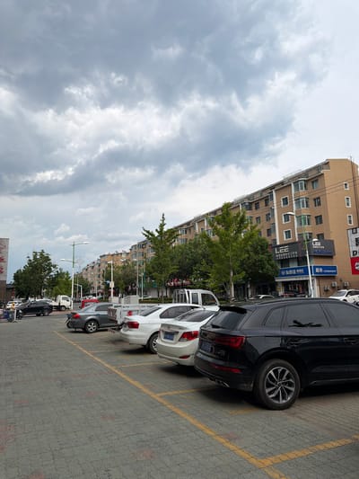 The image depicts a street scene in Hunchun, China, under a cloudy sky. A row of parked cars, including a black Audi SUV in the foreground, occupy a paved lot marked with yellow parking lines. Beyond the parking lot, a street is lined with apartment buildings and trees. Signs for "LEE" and "Supermarket" are visible on the buildings. A white delivery truck and other vehicles are present on the street. A person on a bicycle and another individual are near the curb on the left side of the image. The environment appears to be an urban commercial or residential area.