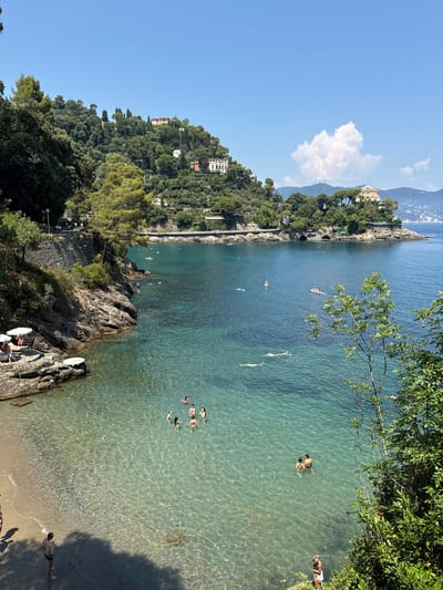 This aerial view captures a picturesque bay in Portofino, Italy, characterized by lush green hillsides dotted with elegant villas and a tranquil, crystal-clear turquoise sea. The bay features a small sandy beach with rocky outcrops and several sunbathers enjoying the shade under umbrellas. The water is populated with swimmers, some in small groups and others spread out, enjoying leisurely swims and swimming. A few individuals are visible standing on the shore and at the edge of the water. In the background, a paved road winds along the coastline, and a distant peninsula is crowned with more villas, blending harmoniously with the verdant landscape under a bright blue sky with a scattered white cloud.