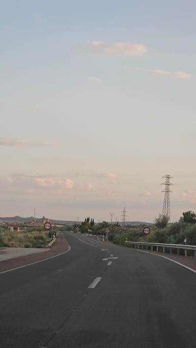 The image shows a road curving to the right, with a guardrail on the left. The road is asphalt and has white lane markings. On the left side of the road, there are speed limit signs indicating 50 and another sign with a red circle and a diagonal line, likely a "no entry" or "no vehicles" sign. Beyond the road, there is dry vegetation, some trees, and power lines with tall pylons stretching across the landscape. In the distance, hills or mountains are visible. The sky is pale with some wispy clouds, suggesting it is either early morning or late afternoon. The overall impression is a somewhat desolate, rural road in a warm climate. The crops provide closer views of the road markings, the guardrail, and the regulatory signs. One crop reveals a sign with "50" inside a red circle, and another crop shows a circular sign with a red border and a horizontal bar, indicating a prohibition. The setting appears to be La Muela, Spain, a location known for its arid landscape and power infrastructure. There are no people visible in the image.