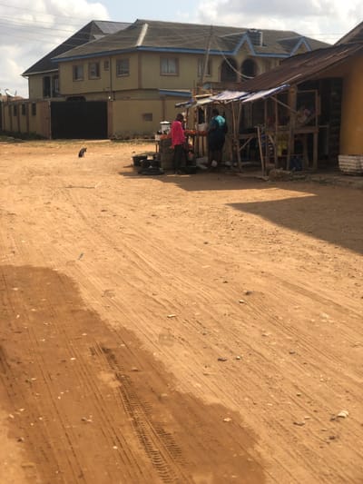 The scene depicts a reddish-brown dirt road under bright daylight in Egan, Nigeria. In the mid-ground, two individuals are positioned near makeshift market stalls. One person, wearing a pink long-sleeved shirt, stands facing right at a stall constructed with stacked black tires and a wooden surface displaying red produce, likely tomatoes. Several black bowls or buckets are on the ground directly in front of this stall. A second person, dressed in a dark teal shirt and dark trousers, stands slightly to the right and behind the first individual, also attending to the goods. To the left of the stalls, a small black cat is seated upright on the dirt road, facing towards the right.
The background features a two-story residential building with a light olive-green facade, a dark gray gabled roof adorned with blue trim, and visible solar panels. A dark metal gate forms part of the perimeter fence in front of this building. To the right, adjacent to the stalls, is a yellow-painted structure with a rustic wooden extension, topped with a corrugated metal roof covered by a blue tarp. The dirt road itself shows numerous tire tracks and minor irregularities, with a darker, possibly damp, patch of soil in the lower left foreground. Shadows cast across the road indicate a high sun angle.