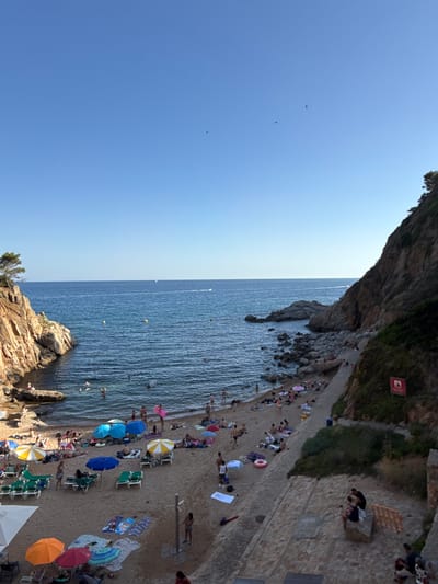 The image shows a view of Platja Gran in Tossa de Mar, Spain, on a sunny day. The beach is a mix of sand and rocks, with a clear blue sky overhead. The sea is a deep blue, with gentle waves. In the foreground, beachgoers are relaxing on towels and under umbrellas. Some people are swimming in the water, while others are sunbathing. There are several colorful umbrellas scattered across the beach, providing shade for those seeking it. In the middle ground, the rocky coastline curves around the bay, with lush green vegetation growing on the cliffs. The background shows the open sea, with a few boats visible in the distance. A pathway runs along the side of the cliff, with some people walking along it. A red sign with a warning symbol is visible on the cliff face. The overall scene depicts a lively and picturesque beach day.