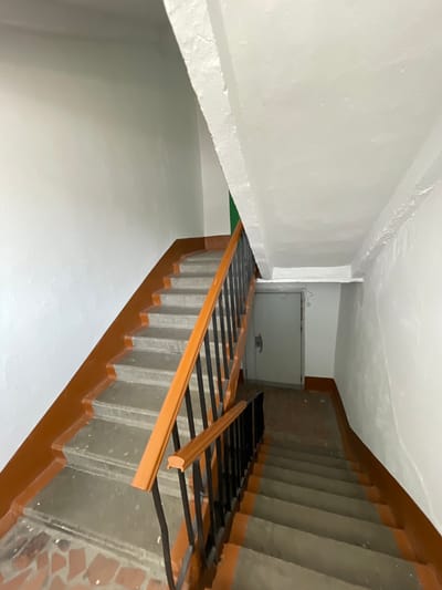 The image shows a concrete staircase in what appears to be an apartment building's entryway in Spassk-Dal'nij, Russia. The staircase has a brown painted trim along the edge of the steps and a black metal railing with a wooden handrail. There is a metal door visible at the bottom of the stairs. The walls are painted white. The lighting suggests it might be daytime, but the interior is dimly lit.