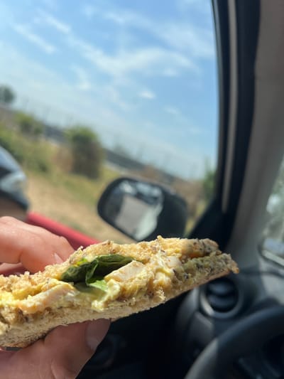 A person's hand holds a partially eaten sandwich in the foreground, inside a vehicle. The sandwich is made with whole wheat bread and appears to contain chicken, lettuce, and a creamy yellow sauce. Through the car window, a blurred outdoor scene is visible, including greenery, a road, and a bright blue sky with scattered clouds. The setting suggests a daytime meal, possibly during travel. The background elements within the car, such as the dashboard and air vent, indicate the interior of a vehicle. The overall impression is a casual moment of eating on the go.