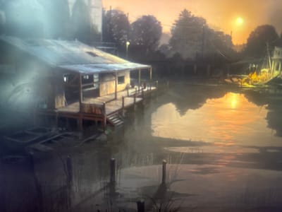 The image depicts a rustic wooden structure situated on the edge of a body of water. The structure appears to be a house or workshop with a slanted roof and a porch. The water reflects the warm hues of a sunset, creating a tranquil atmosphere. The surrounding environment includes trees and some other structures in the background, suggesting a rural or semi-rural setting. There are no people visible in the image. The scene is painted in a style that emphasizes light and atmosphere, with soft edges and a painterly quality. The location is not Stepnogorsk city administration, Kazakhstan.