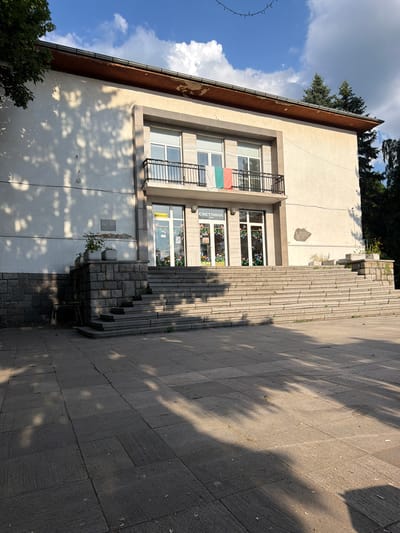 This image shows the exterior of a building with a wide set of stone stairs leading up to the entrance. The building is light-colored with a stone trim around the second-story windows and a balcony. Three flags, green, white, and red, are hanging from the balcony. The entrance has double glass doors with decorative elements. The scene appears to be in the town of Vladaya, Bulgaria, as indicated by the building's signage, which includes "СВЕТЛИНА" (Svetlina) and "1905". There are trees visible in the background and shadows from foliage are cast across the facade and the paved area in front of the building. The sky is blue with scattered clouds.