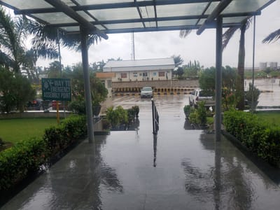 This image depicts a rainy day scene from under a covered walkway at what appears to be an industrial or corporate facility in Gwagwada, Nigeria. The walkway has a transparent roof supported by dark metal beams. The wet, dark tiled floor of the walkway reflects the overhead structure and the overcast sky.
To the left, a green sign with white text reads "WAY TO EMERGENCY ASSEMBLY POINT" with a directional arrow and an icon of people. Beyond the sign, a dark-colored vehicle is partially visible. Lush green grass and manicured bushes with small orange flowers line the walkway's edge. Palm trees with fronds blowing in the wind are visible behind the bushes.
In the middle ground, a light-colored sedan is parked in a lot with yellow and black striped barriers. Behind the parking lot, a white building with a metal roof is visible, along with a tall communications tower in the distance. Other vehicles, including a silver SUV, are present in the lot. The ground in the parking area is also wet and appears to have standing water.
To the right, more potted plants and green bushes are seen, along with a dark grey vertical pole. In the background, industrial structures and more greenery are visible under a grey, cloudy sky. The overall impression is of a functional outdoor space in a tropical climate experiencing inclement weather.