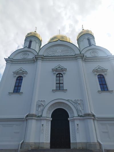 A low-angle, wide shot captures the imposing facade of a white Orthodox church with three golden domes against a cloudy sky. The building exhibits classical architectural elements, including arched windows with dark panes, decorative moldings, and bas-relief sculptures of angels flanking the central entrance. The main entrance is a large, dark wooden door set within an arched portico adorned with intricate carvings. Above the portico, a sunburst motif is visible, and circular medallions with profile reliefs are placed above the smaller windows. The overall impression is one of grandeur and solemnity, characteristic of religious architecture. The time appears to be daytime, with overcast weather contributing to a subdued lighting. The building's prominent placement suggests it's a significant landmark. No text is visible in the image. The scene is located in Pushkin, Russia, a city known for its historical palaces and parks.