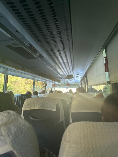 The image shows the interior of a bus or train, with rows of seats visible, occupied by passengers. The seats are covered with white headrests. Windows are visible on one side, revealing a view of foliage and greenery outside, likely indicating a rural or suburban environment. The interior of the vehicle appears to be well-lit, possibly due to sunlight streaming in through the windows. Based on the provided location of Zlatna Panega, Bulgaria, the image potentially depicts a bus or train traveling through or within the vicinity of Zlatna Panega.