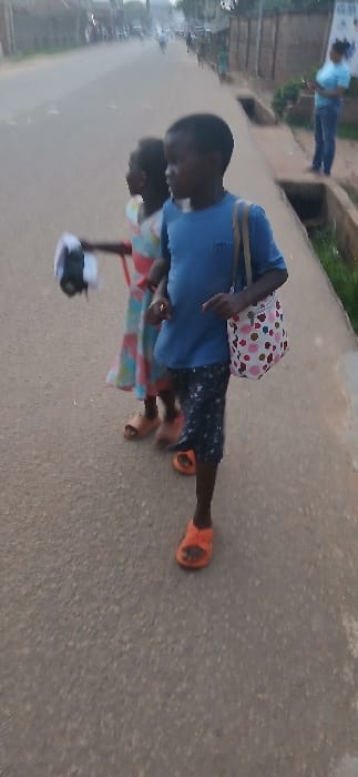 The image shows two young children walking along a paved road in Abakaliki, Nigeria. The child on the left is wearing a pink and white dress and holding a white plastic bag. The child on the right is wearing a blue shirt, black shorts, and carrying a polka-dot bag. They are walking in the same direction, and both have orange sandals on their feet. There is a concrete ditch on the right side of the road, with a few green plants growing on it. The road is relatively empty, with only a few vehicles visible in the distance. There is a concrete wall on the right side of the road with a sign on it. The background is blurred, making it difficult to discern any further details. The scene is situated in Abakaliki, Nigeria, at latitude 6.341 and longitude 8.108. The image was taken at a low angle, showing the children from their legs up.