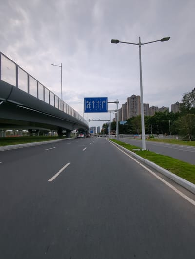 The image depicts an elevated roadway in the Shunde District of China, as evidenced by the architectural style and signage. The roadway appears to be recently constructed, judging by the clean asphalt and fresh landscaping. A blue directional sign is visible, indicating lane options. The road is lined with green landscaping on the right side. A covered pedestrian overpass runs parallel to the road. Multiple high-rise buildings are located in the background. The sky is overcast. Several vehicles are further down the road.