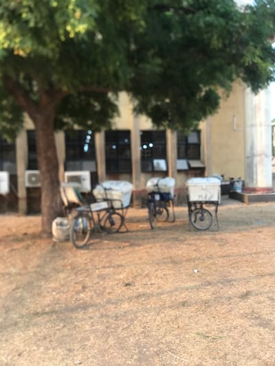 The image, taken in what appears to be Umudike, Nigeria, depicts an outdoor scene featuring three bicycle-based vendor carts parked on dry, earthy ground. Each cart consists of a bicycle modified with a metal frame supporting a large, white, insulated box or cooler, likely used for selling food or beverages. These carts are lined up in a row towards the right side of the frame, suggesting they are either awaiting customers, preparing for a route, or parked after use.
To the left, a large tree with dense green foliage partially obscures a multi-story building in the background. The building has a light-colored facade, possibly concrete or stucco, with multiple windows that appear to have dark frames or shutters. Several air conditioning units are visible mounted on the exterior walls of the building, particularly on the lower levels.
The ground is unpaved, consisting of dry soil and sparse vegetation, consistent with an outdoor area or a yard. The lighting indicates it is daytime, with a warm hue suggesting either early morning or late afternoon sun. There are no people visible in the frame, and no discernible activity is taking place. The overall image has a slightly soft focus. No legible text is visible on any of the objects or structures.
