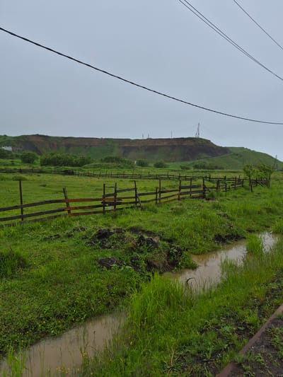 A wide, horizontal shot captures a damp, grassy field with a wooden fence running through it. A muddy ditch meanders alongside the fence in the foreground. In the background, a large, barren hill slopes upwards, with scattered trees and utility poles dotting its surface. The sky is overcast, suggesting a cloudy or rainy day. The scene appears to be on the outskirts of Uglegorsk, Russia, a coastal town known for its industrial and mining history.