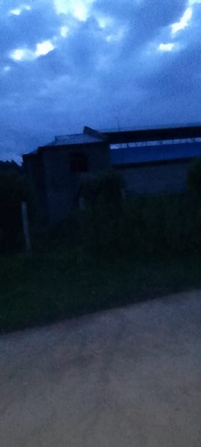 The image depicts a low-light outdoor scene in Kinale ward, Kenya, characterized by a dark blue sky with scattered brighter cloud formations. In the middle ground, a building with a multi-pitched roof is partially obscured by dense, dark green foliage. The building's facade appears to be a dull gray-brown, and a dark, rectangular opening is visible on its upper section. The roof features a dark corrugated material on one portion and a lighter, possibly blue corrugated material on another. Two light-colored, vertical posts are discernible within the foliage to the left. The foreground consists of a wide, unpaved surface, likely a dirt road, separating a strip of dark grass from the viewer. No people, discernible actions, or interactions are present.